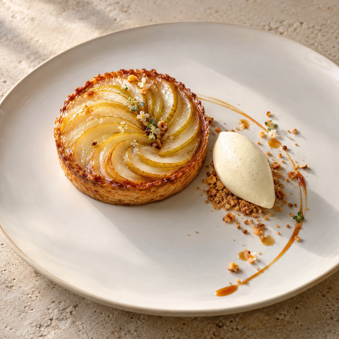 Dessert gastronomique illustratif sur une assiette en céramique